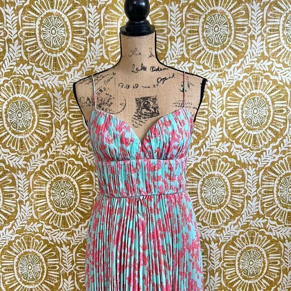 NWT AMUR Beckett Midi Pleated Dress in Miami Sky Botanical Rainforest size 0 - Picture 6 of 12